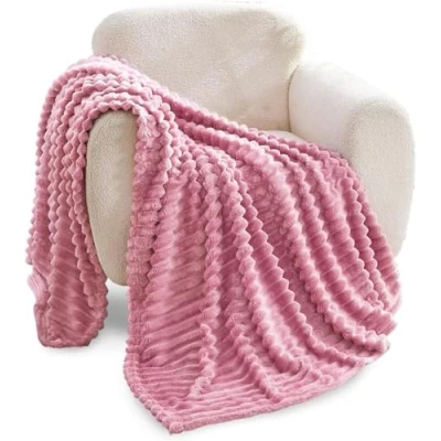 Image of GC GAVNO CAVAILIA Ribbed Blanket Throw Fluffy Fleece Throws For Sofas, Bed, Settee, Couch Comfortable Extra Large Blankets &amp; King Size 200x240 Cm Blush Pink