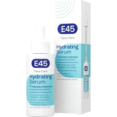 Image of E45 Face Hydrating Serum Instant 48 Hour Hyaluronic Acid Formula for Dry, Sensitive &amp; Eczema Prone Skin Rehydrating Reinvigorating Perfume Free Dermatologically Tested 30ml