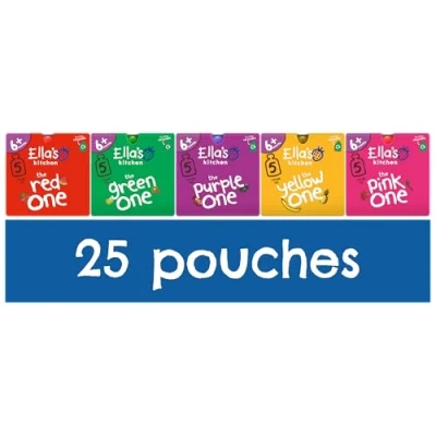 Image of Ella&#039;s Kitchen Organic Fruit Smoothie Assortment, (Red, Purple, Green, Yellow and Pink), Pack of 25 Pouches