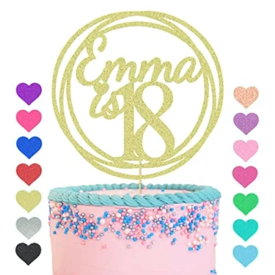 Image of GuteGifts Personalised with Any Name Age Cake Topper Custom Happy Birthday Decoration Circle Design 13 16 18 21 30 40 50 60 (Gold)