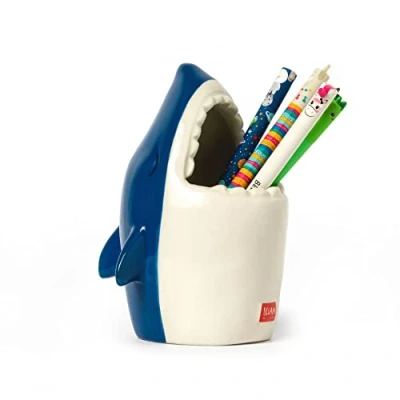 Image of Legami Desk Friends Ceramic Pen Holder, 12.5 x 7.5 cm, Shark Theme, for Desk, Hand Painted