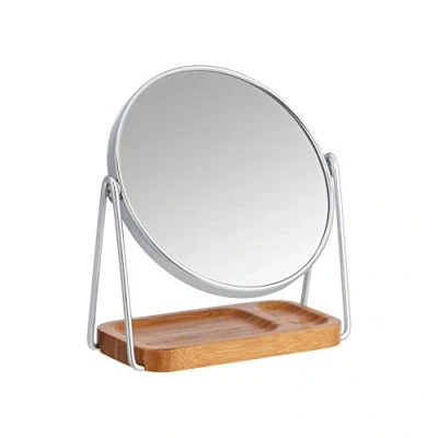 Image of Amazon Basics Round Dressing Tabletop Mount Mirror with Rectangle Bamboo Tray 1X/5X Magnification, Silver, 18.3 cm x 8.5 (L W)