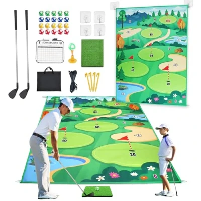 Image of Golf Chipping Game Mat 70&quot;x47&quot; Practice Mats Indoor Outdoor Games for Adults and Family Kids, Training Set with 20 Sticky Balls Gifts