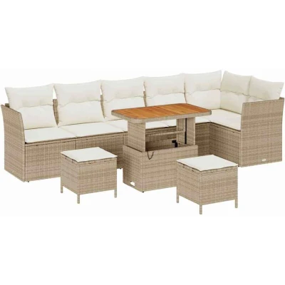 Image of vidaXL 9 Piece Garden Sofa Set with Cushions Beige Poly Rattan Acacia