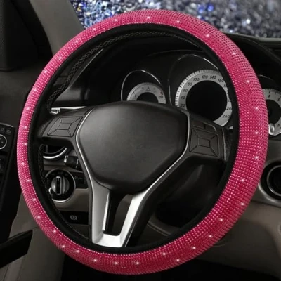 Image of Steering Wheel Covers with Bling Rhinestones, 38 Cm/15 Inch Universal Fit Cover Girly Boys Sparkly Crystal Diamond, Anti Skid Car Protective (Rose)