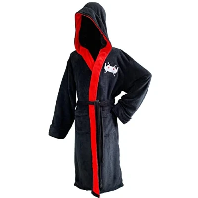 Image of Groovy Uk Space Invaders Men&#039;s Fleece Hooded Bathrobe, One Size, Black/Red