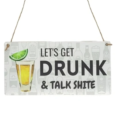 Image of Second Ave Funny Let&#039;s Get Drunk Wooden Hanging Rectangle Home Bar Sign Plaque