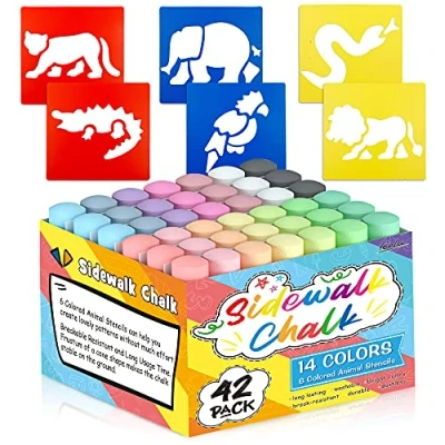 Image of 42 Pack Jumbo Chalks for Children, Feela 14 Coloured Sidewalk with 6 Animal Stencils Kids Toddlers, Pavement Outdoor Chalk Set Painting on School Blackboard Street Playground