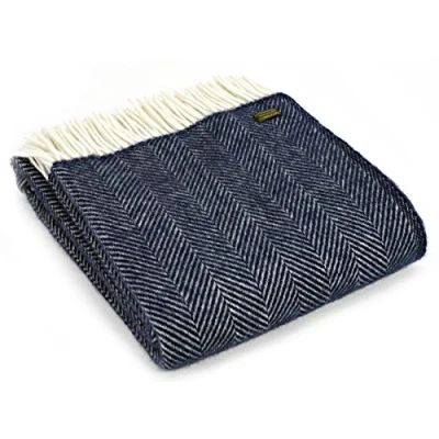 Image of Tweedmill Textiles Herringbone Pure New Wool Throw/Blanket Blue Navy/Cream British Made