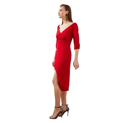 Image of Trendyol Women&#039;s Midi Wrapover Fitted Dress, Red, 34 UK