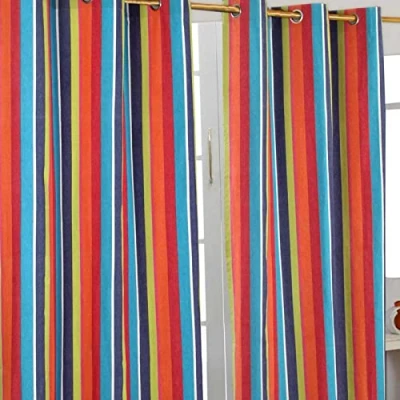 Image of HOMESCAPES Multi Stripes Orange Blue Yellow Eyelet Curtain Pair 117cm (46&quot;) Wide x 137cm (54&quot;) Drop 100% Cotton Ring Top Striped Curtains