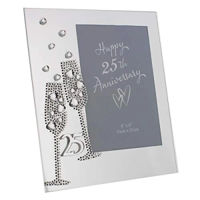Image of Widdle Celebrations Glass Photo Frame with Gem Champagne Flutes &amp; Mirror Letters 25th Anniversary 0777