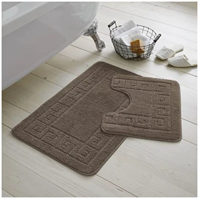 Image of GC GAVENO CAVAILIA Greek Key Pattern Bath Mats 2 Piece Sets Non Slip, Soft Washable Rug Quick Dry Water Absorbent Bathroom Shower Mat &amp; Pedestal Set, Latte