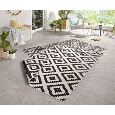 Image of NORTHRUGS Indoor and Outdoor Rug Malta 120 x 170 cm Reversible Weatherproof Modern Geometric Pattern for Balcony Patio Garden Conservatory Kitchen Living Room Waterproof in Black Cream