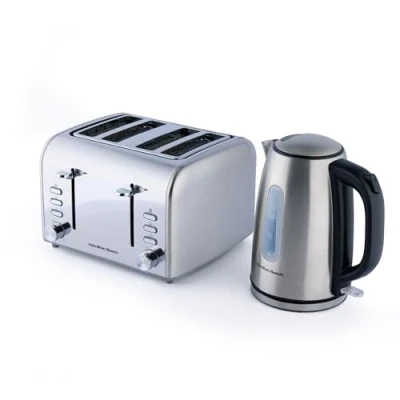 Image of Hamilton Beach Rise Breakfast Bundle, Brushed 1.7L Kettle &amp; 4 Slice Polished Toaster, Boil Dry Protection, Rapid Boil, 6 Browning Settings, Defrost, Reheat Cancel HBKTBRUSH, Silver