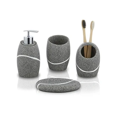 Image of zccz Black Bathroom Accessory Set 4 Pieces Organiser with Tootbrush Holder, Lotion Soap Dispenser, Vanity Tray and Dish Modern Decor Accessories