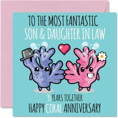 Image of Cute Coral Anniversary Card for Son &amp; Daughter In Law 35 Years Together Happy 35th Wedding Cards Son, 145mm x Greeting Thirty Fifth Anniversaries