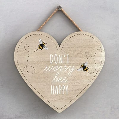 Image of Global Designs Don&#039;T Worry Bee Happy Themed Decorative Wooden Heart Shaped Hanging Plaque