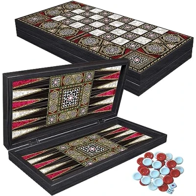 Image of PrimoLiving Deluxe Wooden Backgammon Set Palamedes 28,5 x 28 cm including chessboard