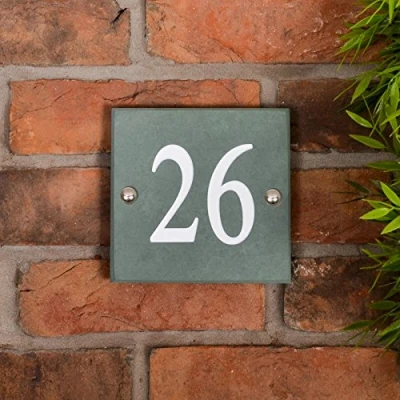 Image of Slate House Number in Smoky Green with White Engraved Numbers