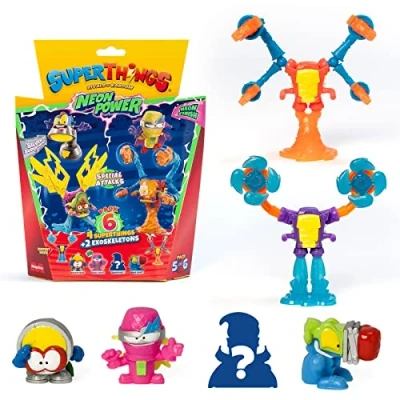 Image of SuperThings Neon Power Series Pack of 6, Includes 4 (1 Silver Captain) and 2 Exoskeletons, Multicoloured, 5/6