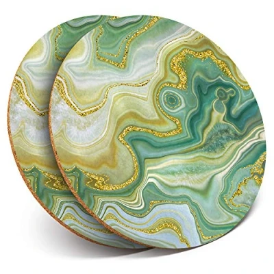 Image of 2 x Round Coasters Green Jade Agate Marble Effect Cork Backed Home Kitchen Accessory Tea Coffee Mug Mat #21516