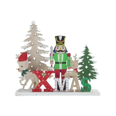 Image of Festive Productions Xmas Nutcracker Wooden Christmas Tabletop Centrepiece Reindeers Character Ornament Décor 17cm x 15cm