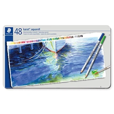 Image of STAEDTLER 125 M48 Karat Aquarell Watercolour Colouring Pencil Assorted Colours (Tin of 48 Pencils)