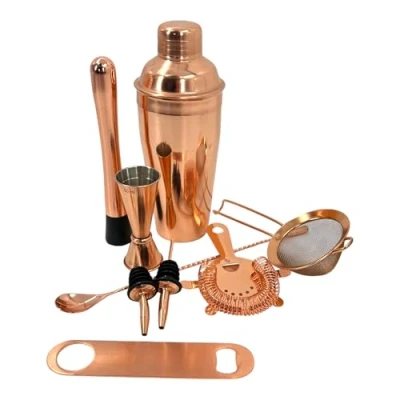 Image of Premium Stainless Steel Cocktail Shakers Set: Bartender Kit with Shaker, Jigger, Muddler, Strainer, Pourers, Mixing Spoon, and Bar Blade (Copper, 9 Piece)