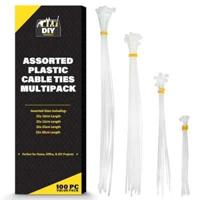 Image of SOL 100pk Assorted White Cable Ties 10 30cm Length Small &amp; Long Ties, Zip Self Locking Tie Wraps Heavy Duty Clear