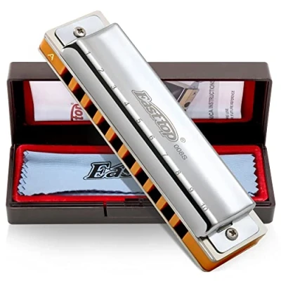 Image of East top 10 Holes Professional Diatonic Blues Harmonica Key of A with Silver Cover, Probgrade Harmonicas For Adults, Player and Students
