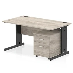Image of Impulse 1400x800 Desk Grey Oak/Black Cable Managed 2 Drawer Mobile Ped