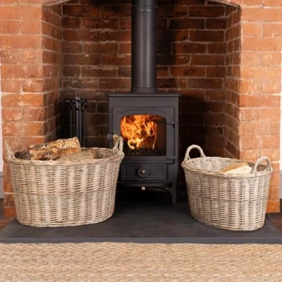 Image of CHARLES BENTLEY Log Basket, Snug, Set Of Two, Oval, Wicker Baskets, Storage, Handmade, Nesting Handles, Carry Stackable, Aesthetic, Traditional, Modern Fireplace (60x45x34cm)