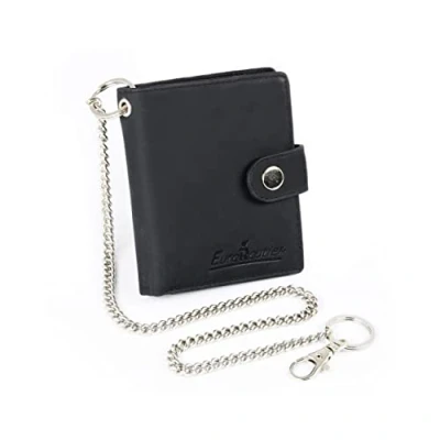 Image of EuroRoutier ® Biker Wallet in Black Genuine Leather with Chain, Small RFID Protection, Black, Classic