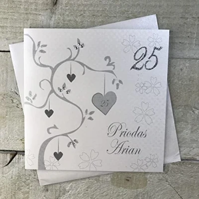 Image of WHITE COTTON CARDS Priodas Arian, Handmade 25th Welsh Card (Silver Anniversary, Tree)