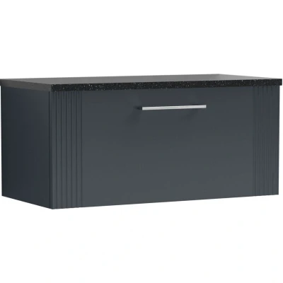 Image of Balterley Retro 1 Drawer Wall Hung Vanity Unit with Sparkling Black Laminate Worktop 800mm Satin Soft