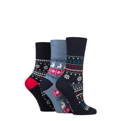 Image of Women&#039;s 3 Pair SOCKSHOP Gentle Grip Christmas Socks Light Blue / Navy 4 8