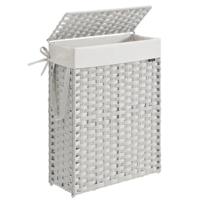 Image of SONGMICS Slim Laundry Basket, 55L Synthetic Rattan Storage Basket with Lid and Handles, Wicker, Foldable, Removable Liners, for Blankets, Clothes, Room, Cloud White LCB164W01