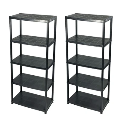 Image of Addis 5 Tier Plastic Storage Shelving Units Twin Pack Durable Freestanding Organiser for Garage, Shed, Utility Room, or Home Space Saving Easy Assembly Black