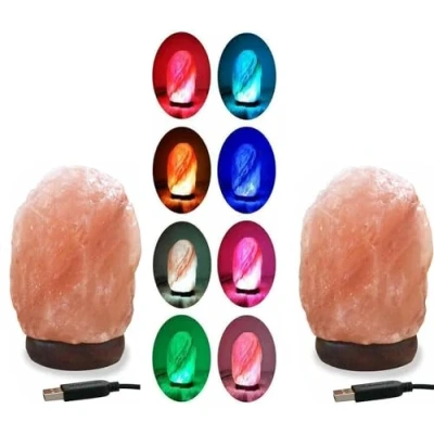 Image of Salt Lamp Natural Himalayan Crystal Multi 7 Colors Changing USB Light Glow Hand Crafted Night for Lighting Pink Mini Home Decoration (Pack of 2)