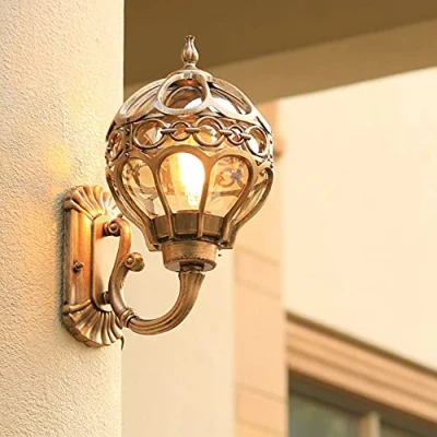 Image of Mengjay Trade Outdoor Wall Light, Exterior Sconce Porch Light Fixture Mount, Matte Black Lantern with Glass, E27 Socket Waterproof Outside Lamp for House, Patio, Garage (Brass)