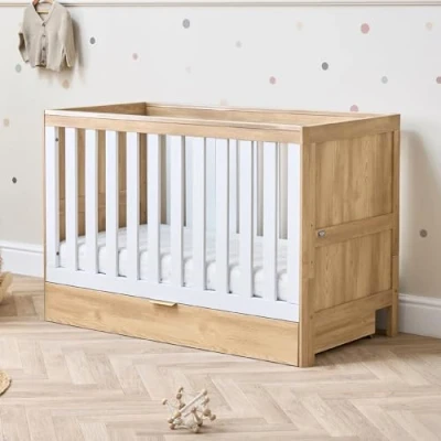 Image of Tutti Bambini Riley Mini Baby Cot Bed with Drawer 3 in 1 Bed, Toddler &amp; Sofa, Convertible for Mattress Heights, from 0 4 Years, Oak White (120 x 60 cm)