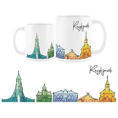 Image of Purely Home Reykjavik Mug Colourful Iceland Skyline Souvenir Memento White Tea Coffee Gift Present