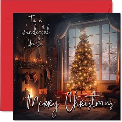 Image of Traditional Happy Christmas Card for Uncle Merry to Xmas from Nephew Niece, 145mm x Single Seasonal Greeting Cards Gift