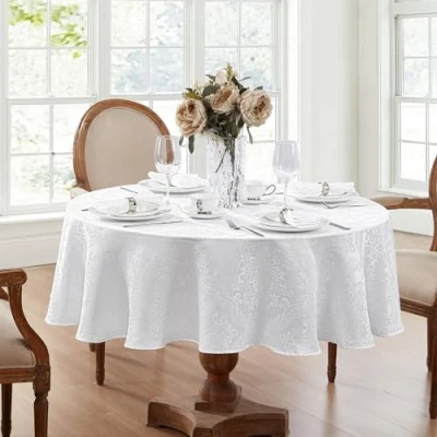 Image of Elrene Damask Tablecloth, Polyester, White, 60&quot; X 84&quot; Oval