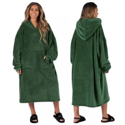 Image of Sienna Extra Long Oversized Blanket Hoodie Wearable Throw with Pockets Sleeves Soft Sherpa Fleece Giant Sweatshirt, Forest Green