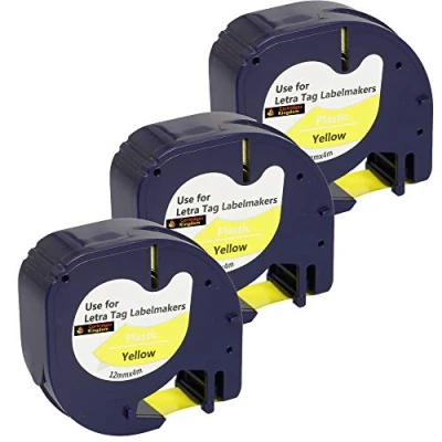 Image of Cartridges Kingdom 3 Compatible 91202 S0721620 12mm x 4m Black on Yellow Plastic Label Tapes for DYMO LetraTag Printers