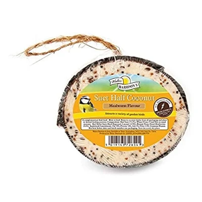Image of Walter Harrisons Half Coconut Suet Wild Bird Nutritious Hanging Garden Feeder Mealworm Flavour