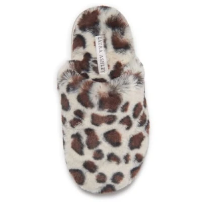 Image of Laura Ashley Womens Plush Faux Rabbit Fur One Band Memory Foam Slide Slippers, Warm Fuzzy Fluffy Open Toe Slides, Cream Leopard, M