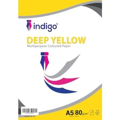 Image of Indigo® A5 Multipurpose Copier Coloured Paper 80gsm Deep Yellow Pack of 100 Sheets